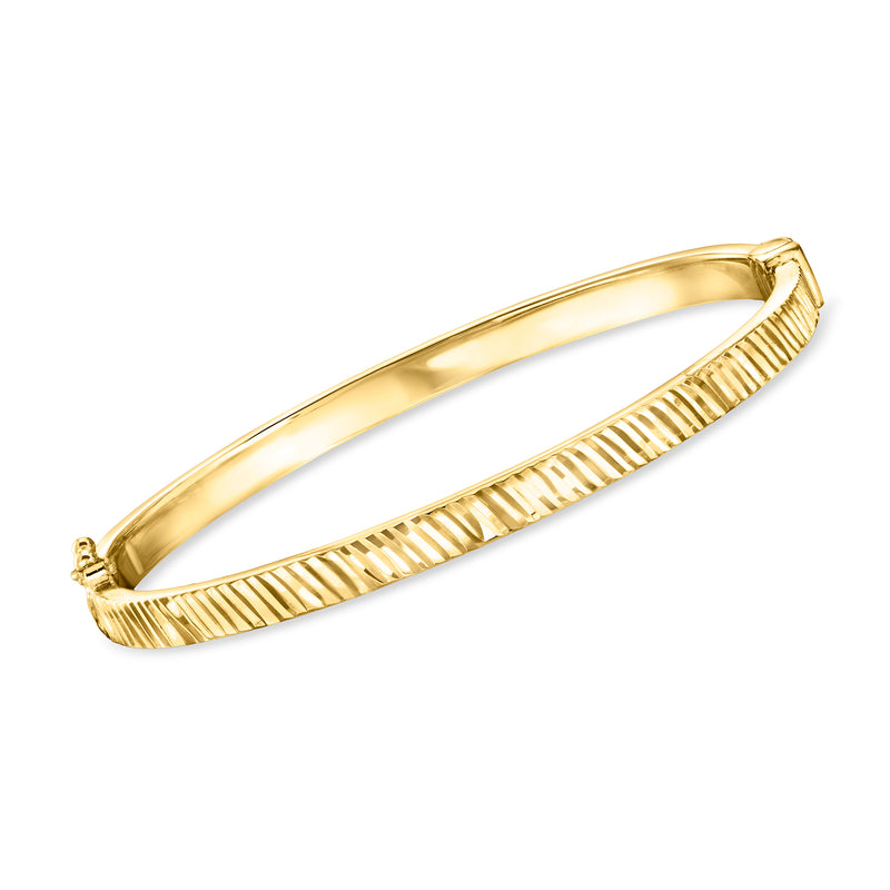 Gold vermeil textured bangle bracelet with ridged center and hinged clasp