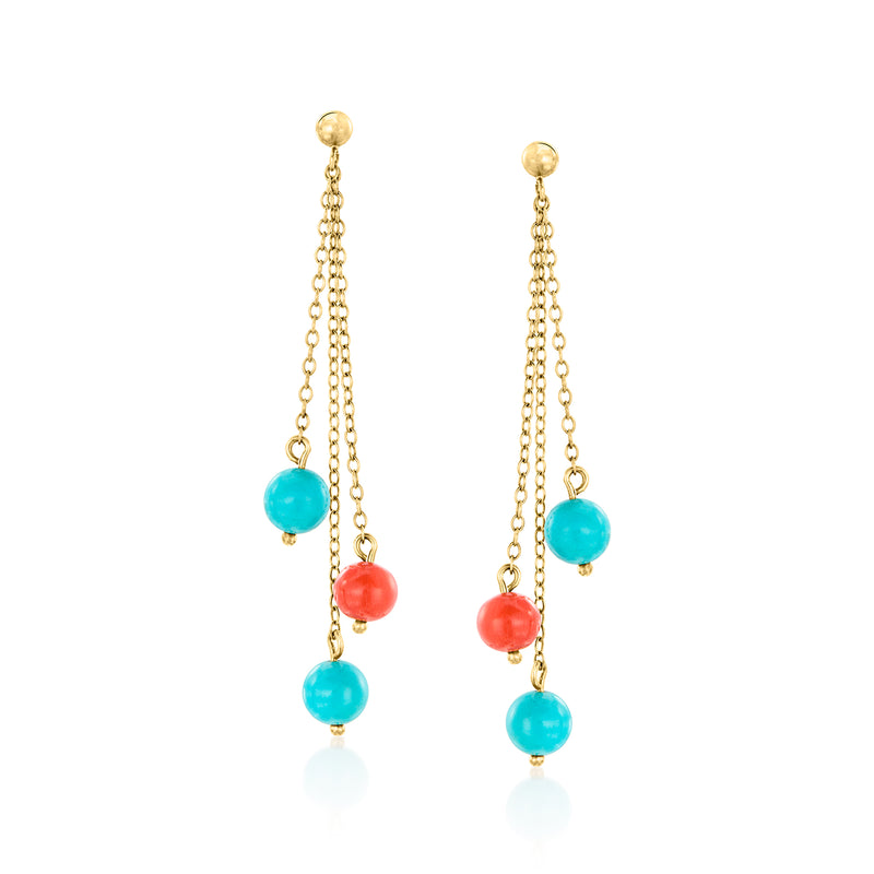 Turquoise and coral bead drop earrings in 18kt yellow gold, dangling chain drops