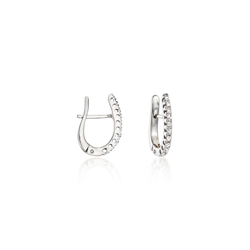 Side view of white gold diamond hoop drop earrings with circular top and bottom rings