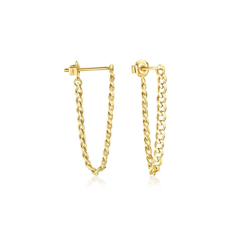 Gold vermeil curb-link drop earrings with chain dangles and post backs