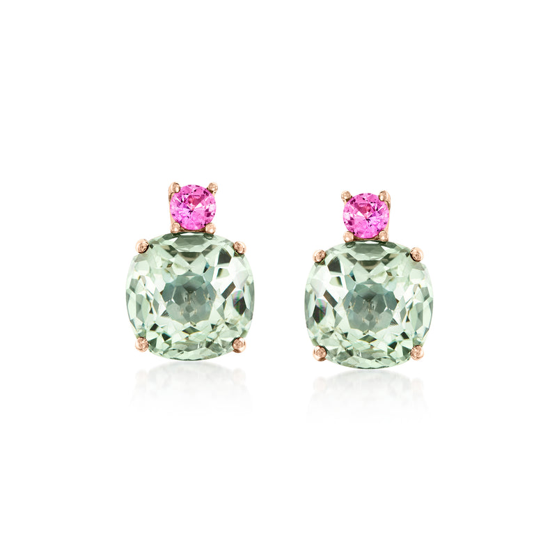 18kt rose gold earrings with oval green gemstone and pink square gemstone, stud style
