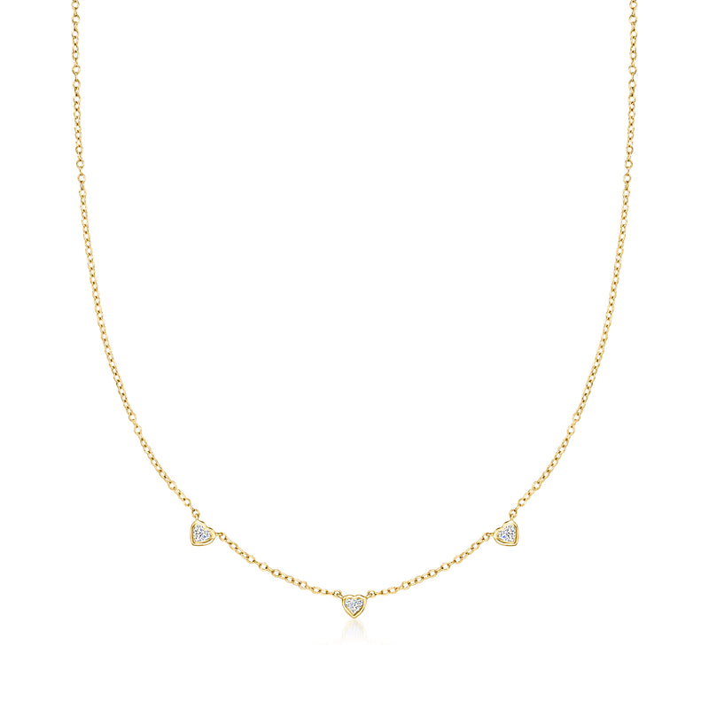 14kt yellow gold station necklace with three heart-shaped lab-grown diamond charms