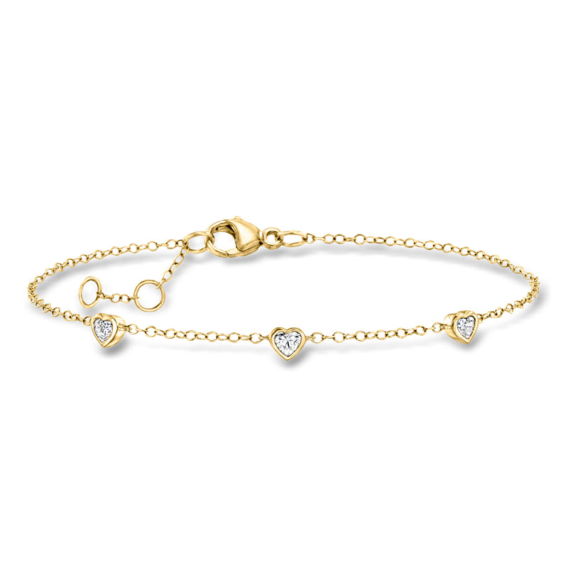 14kt yellow gold heart station bracelet with three lab-grown diamond heart links