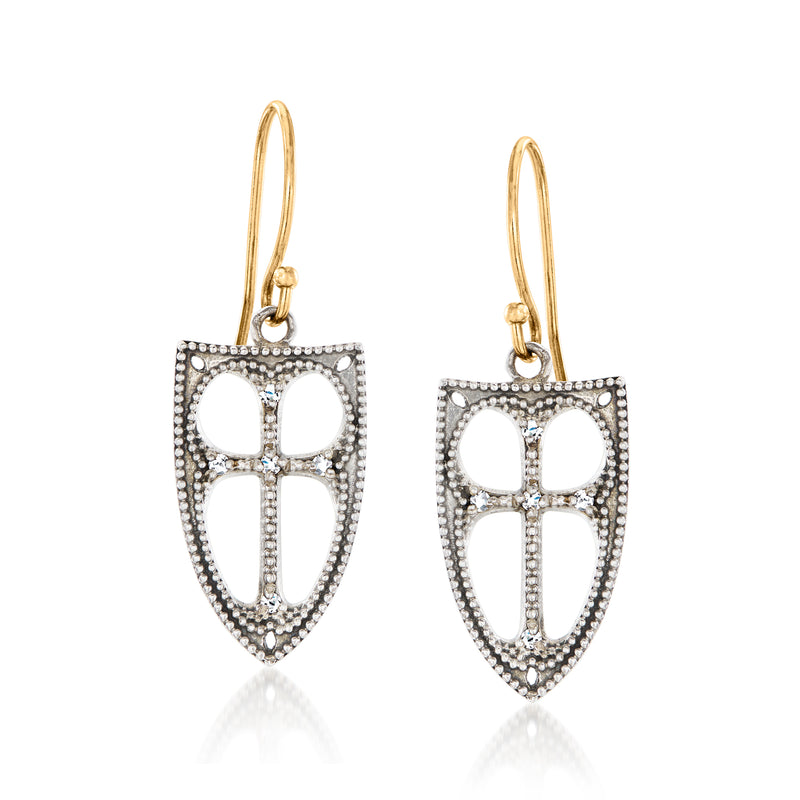 Shield drop earrings with pave detailing, sterling silver, 14kt yellow gold ear wires.