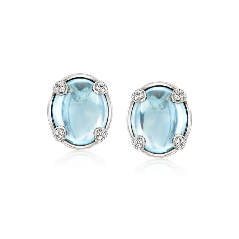 Vintage sky-blue topaz stud earrings with round diamond halos, white gold prongs