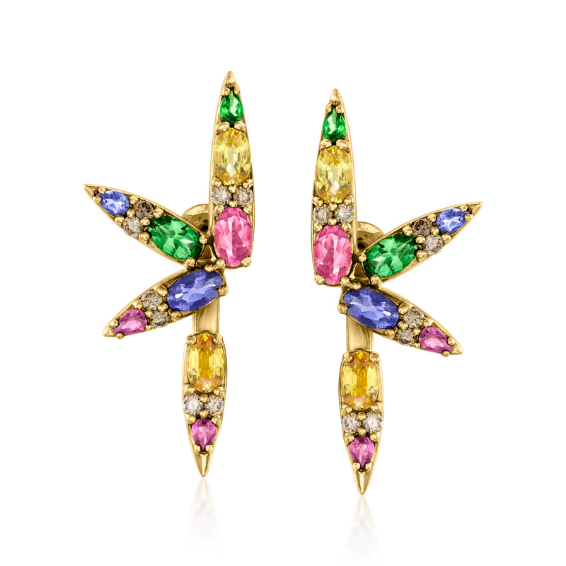 18kt yellow gold multi-gemstone & diamond post earrings with pink, blue, green stones