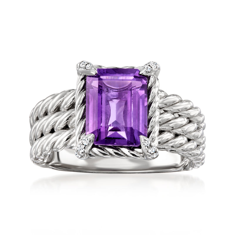 Sterling silver three-row ring with square purple amethyst and clear topaz accents