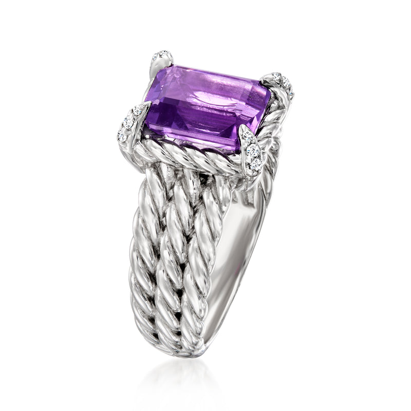 Amethyst three-row sterling silver ring with square purple center stone and braided sides