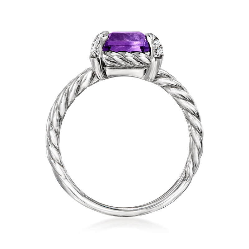 Front view sterling silver amethyst ring with square purple center and faceted topaz accents