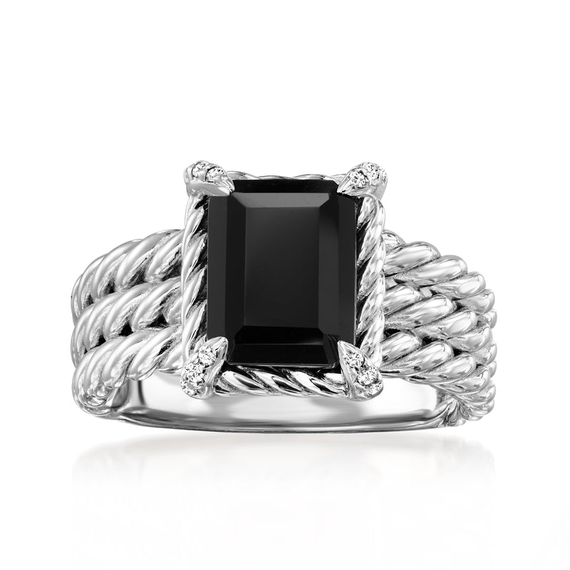 Sterling silver three-row ring with black square center stone and clear side accents