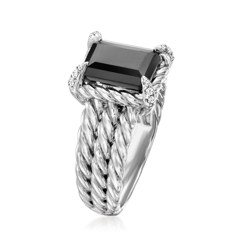 Sterling silver three-row ring side view with black square center stone, prong-set accents