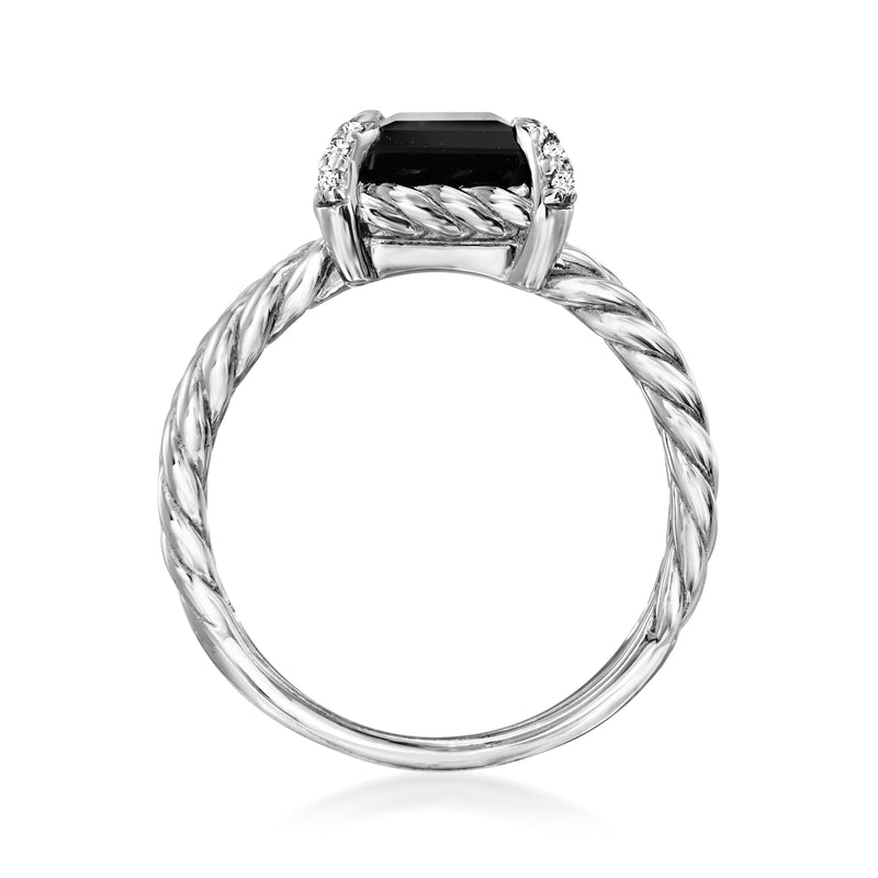 Top view of sterling silver three-row ring with black square center stone