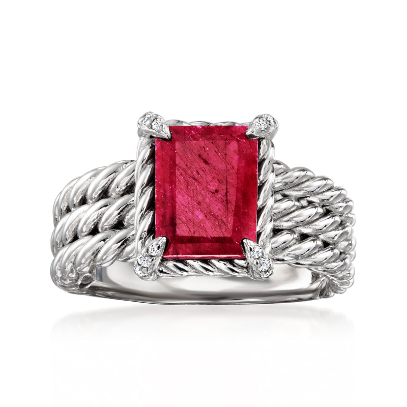Sterling silver three-row ring with rectangular red ruby center and white topaz accents