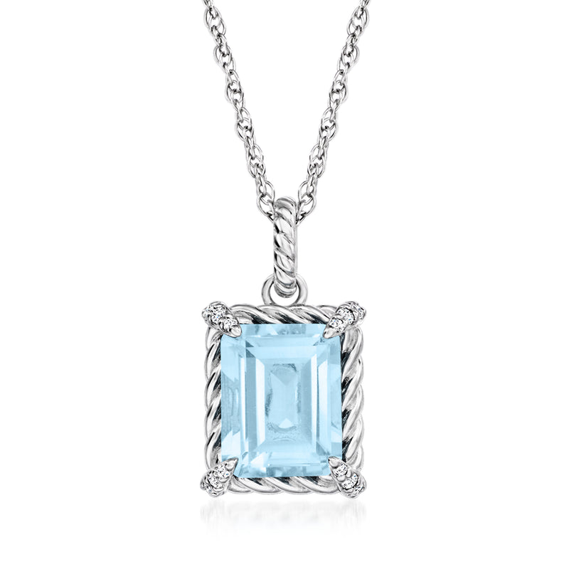 Sterling silver pendant necklace with square sky blue topaz and white accents