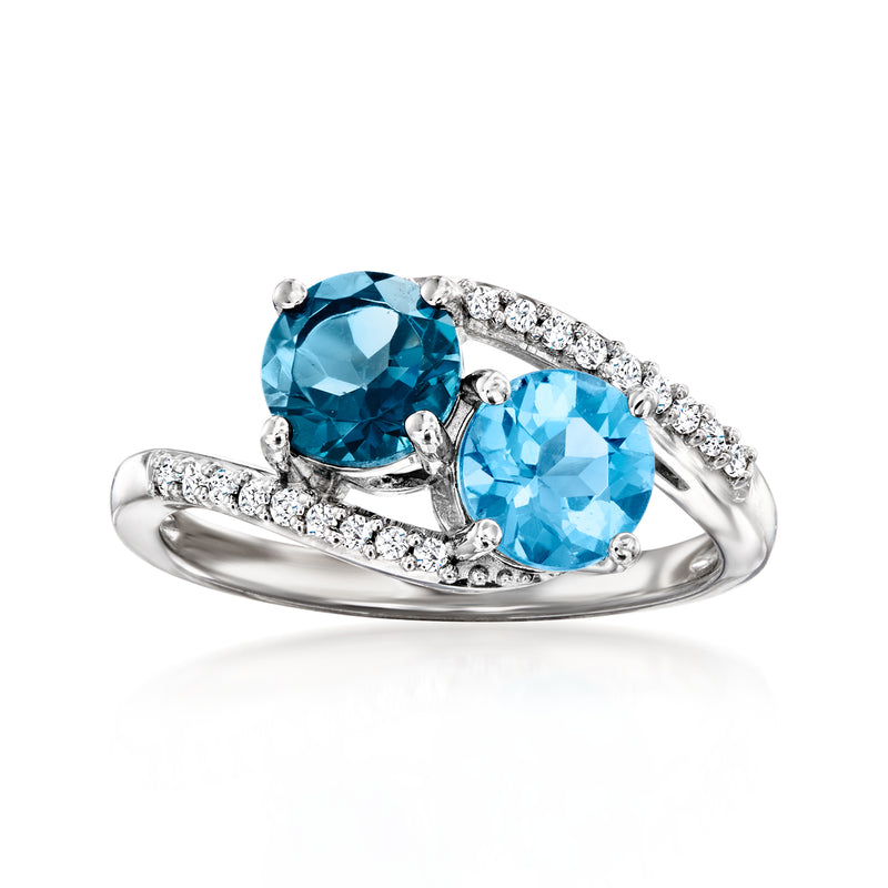 Sterling silver toi et moi ring with oval London and Swiss blue topaz, diamond accents