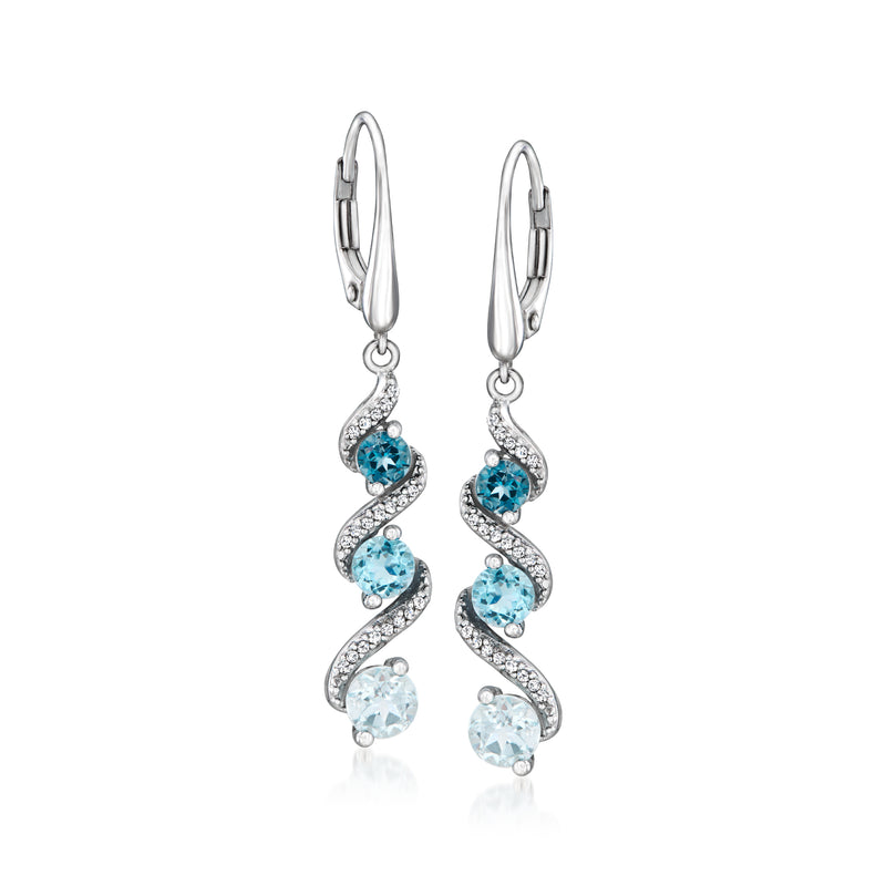 Sterling silver leverback drop earrings with blue topaz and diamond spiral accents