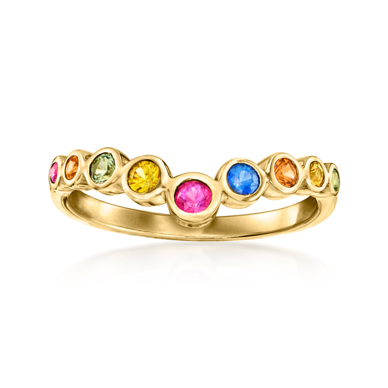 14kt yellow gold chevron ring with multicolored round gemstones