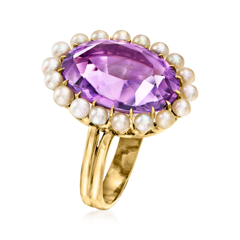Oval amethyst cluster ring with white cultured pearl border and 14kt yellow gold band