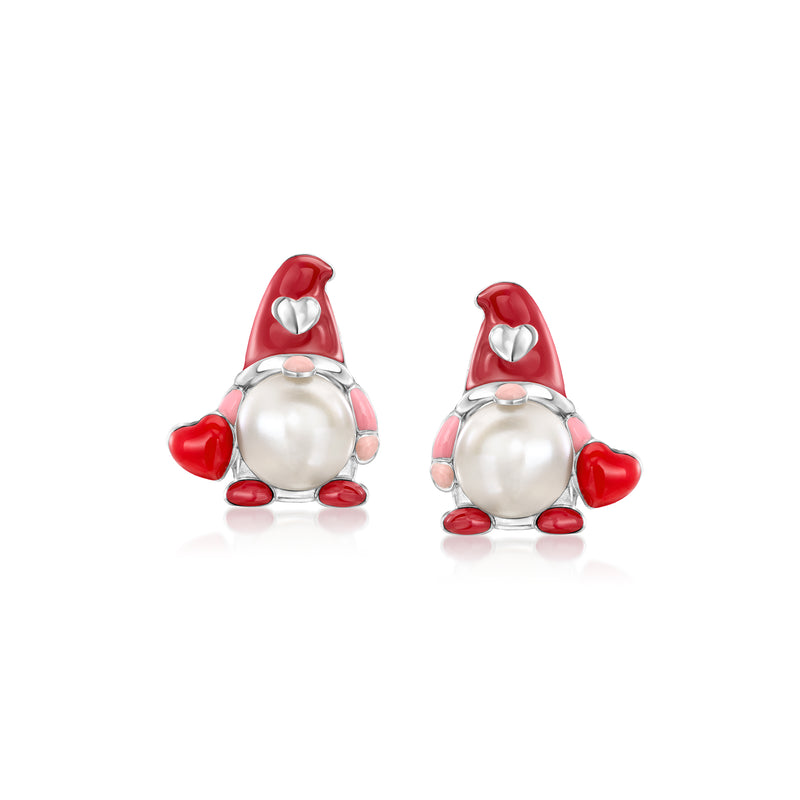 Sterling silver gnome stud earrings with white cultured pearl and red enamel hearts