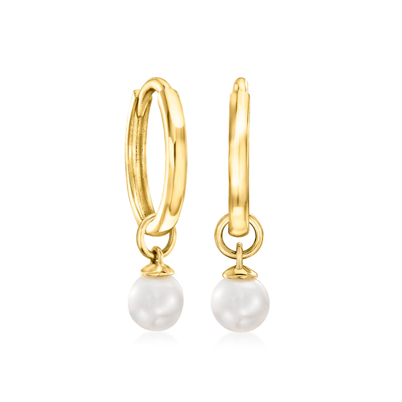 Yellow gold huggie hoop earrings with pearl drop charm and loop