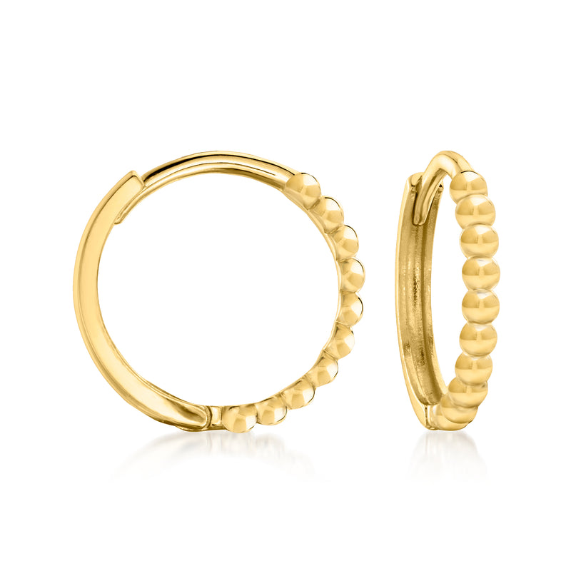 Yellow gold beaded huggie hoop earrings with textured bead edging