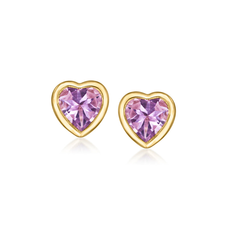 Heart-shaped amethyst stud earrings in gold-tone metal