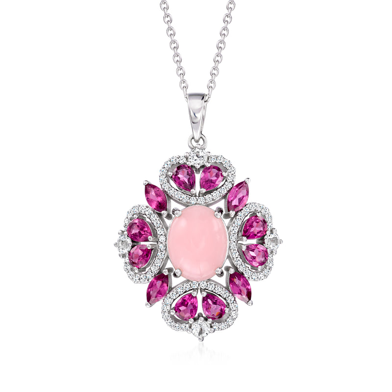 Sterling silver pendant necklace with oval pink center stone and pink gemstone halo