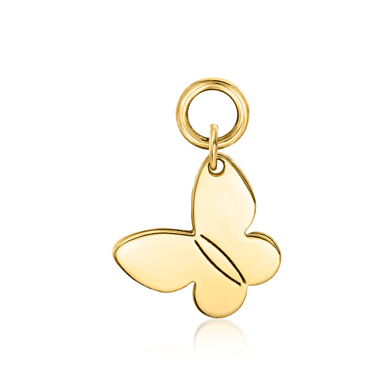 14kt yellow gold butterfly charm hoop with a single hanging butterfly