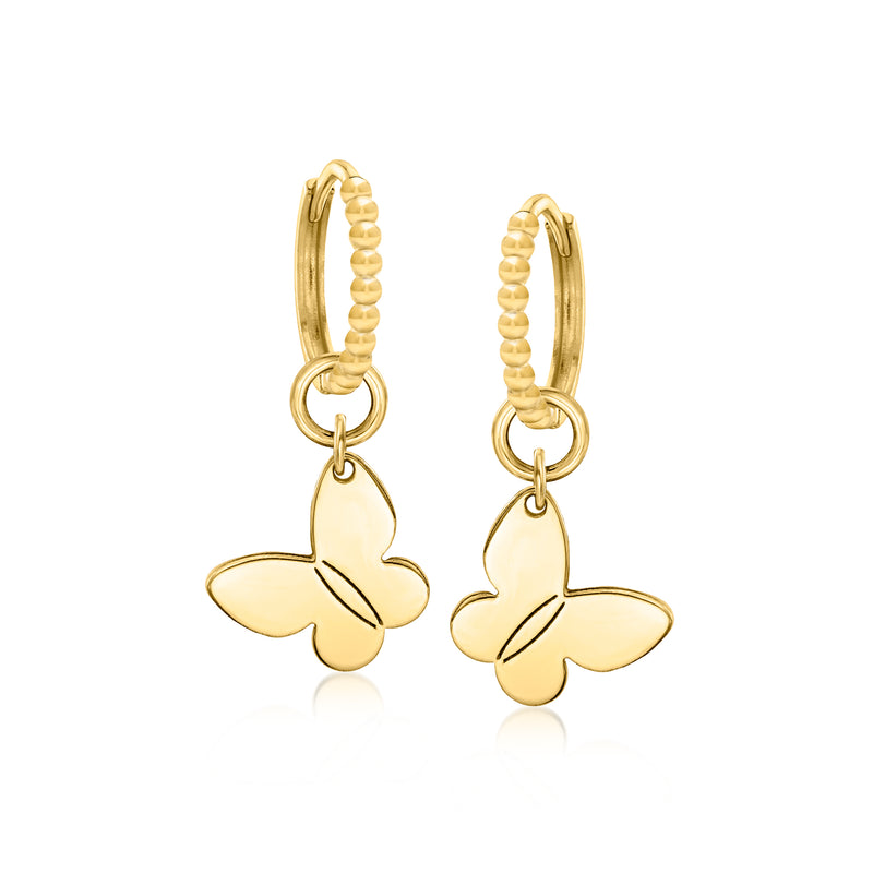 14kt yellow gold butterfly dangle hoop earrings with beaded hoops and charms