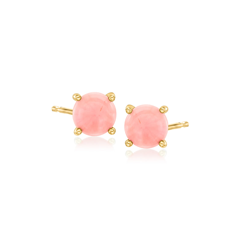 Pink coral stud earrings in gold-tone settings with round pink stones