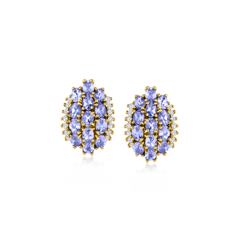 Vintage yellow gold oval tanzanite clip-on earrings with diamond halo