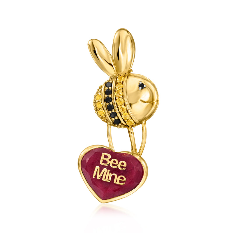 Gold-tone bee heart pendant necklace with “Bee Mine” red heart and glittering yellow stones