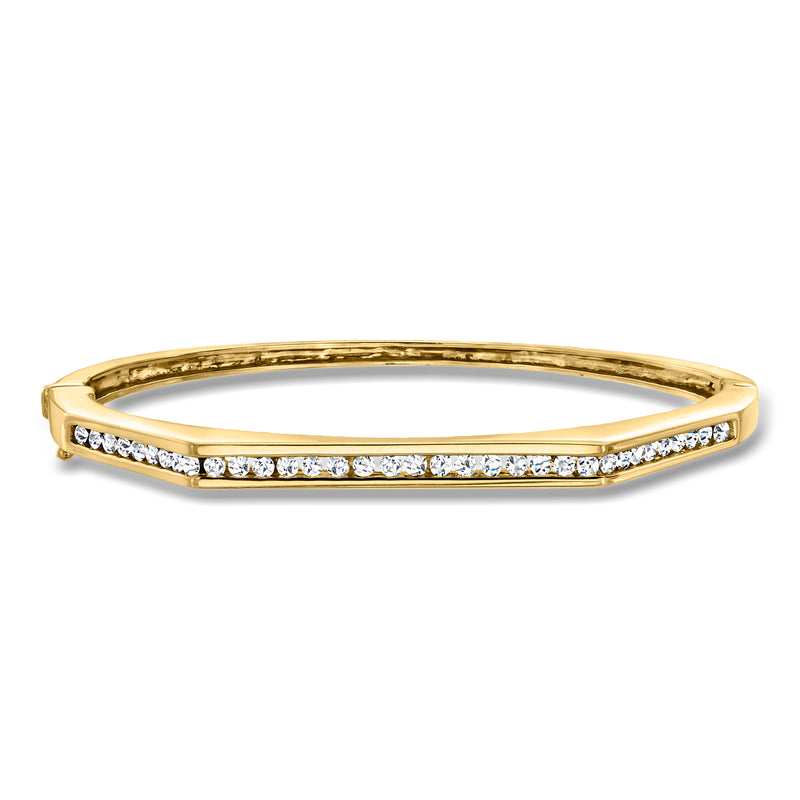 14kt yellow gold bangle bracelet with channel-set diamonds in a geometric border