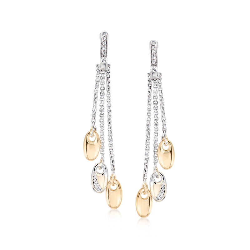 Two-tone gold diamond drop earrings with multi-strand chain and oval dangling charms