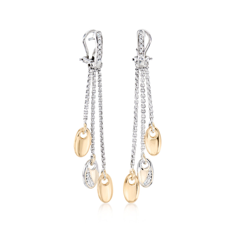 Two-tone gold diamond drop earrings with multi-strand chain and oval accents