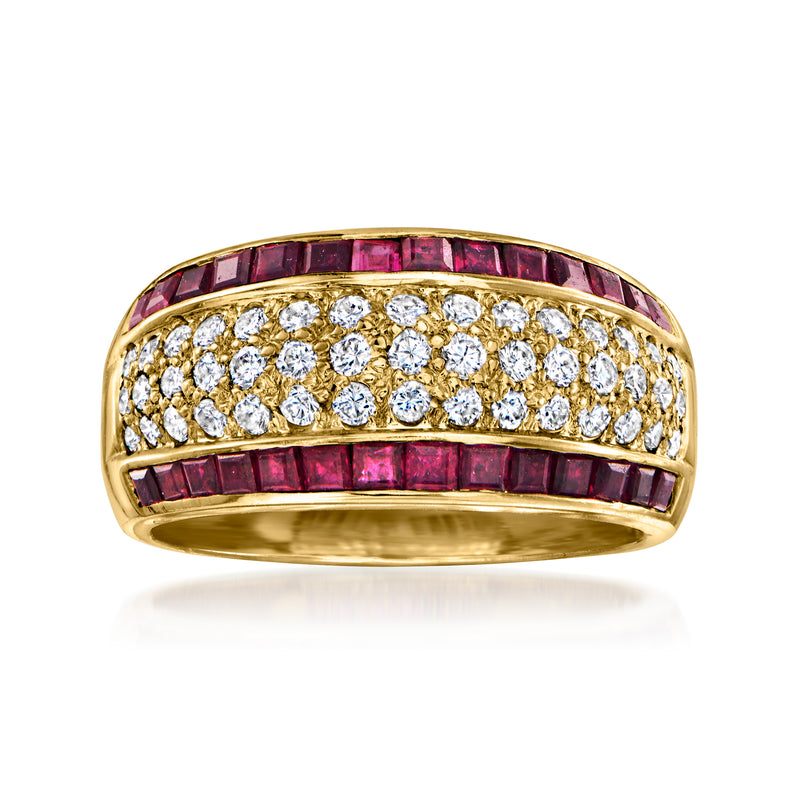 Vintage 14k yellow gold ring with ruby bezel and diamond rows