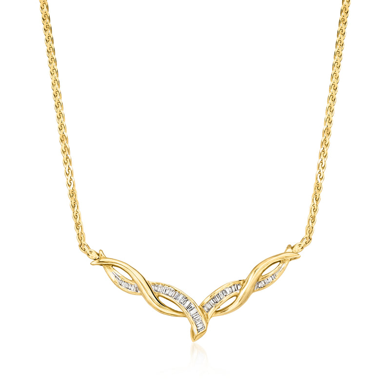 14kt yellow gold twisted diamond necklace with baguette-like stones, V-shaped center