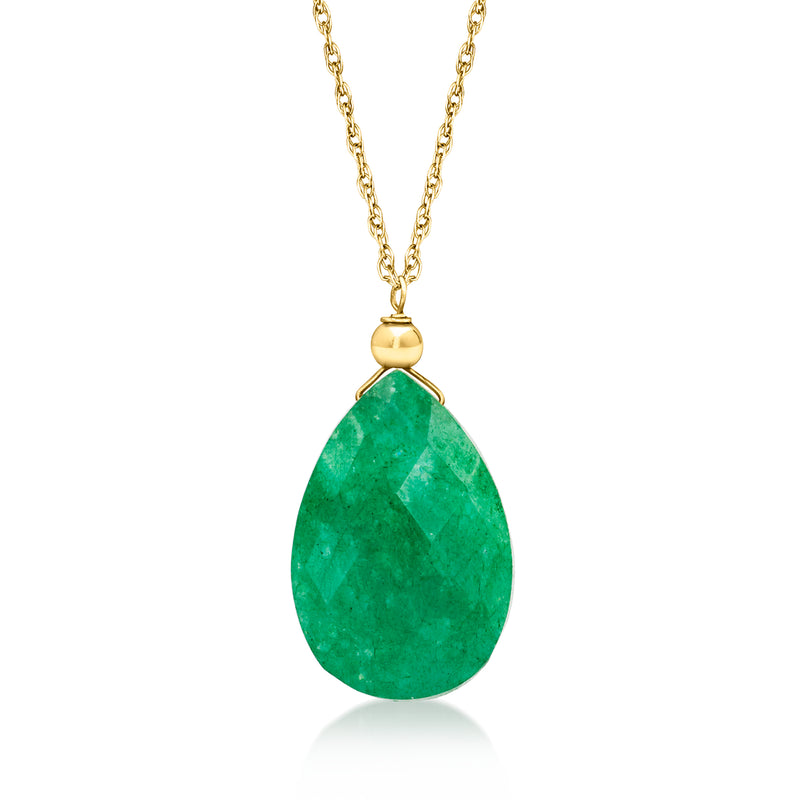 10kt yellow gold emerald teardrop pendant necklace with green gemstone
