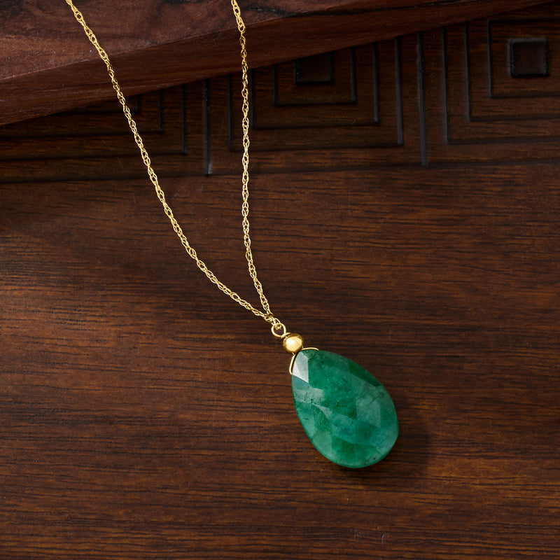 10kt yellow gold chain emerald teardrop pendant with round bail