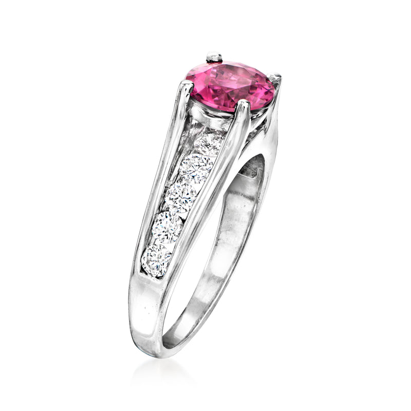 Pink tourmaline and diamond ring in white gold, side view