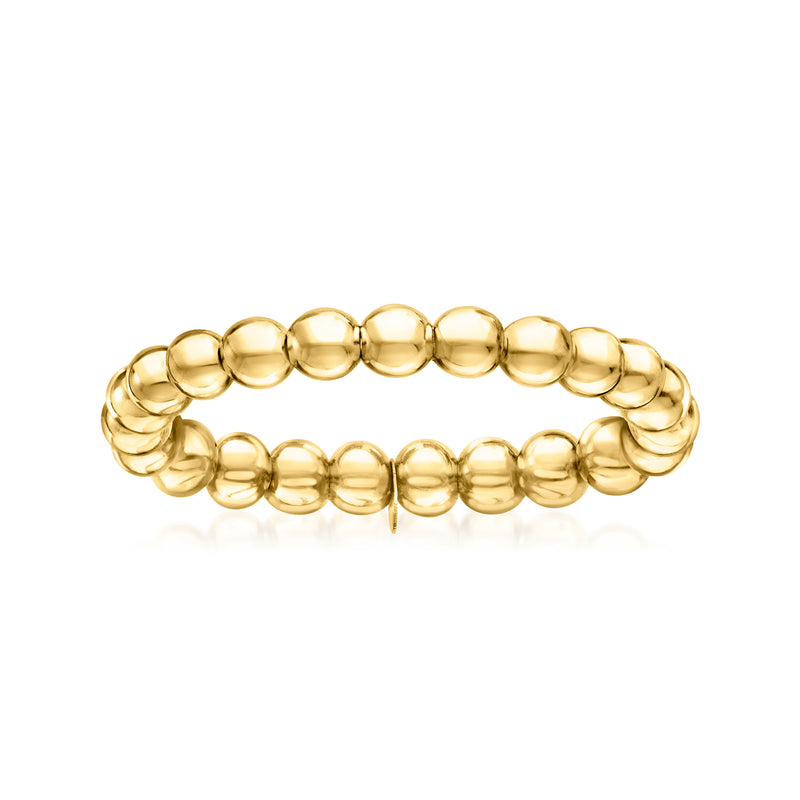 Yellow gold bead stretch ring with glossy round beads, flat view