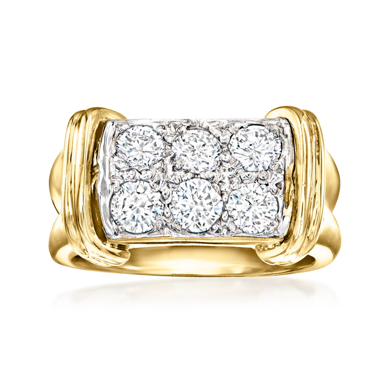 14kt yellow gold rectangular diamond ring with raised crystal-set center and side shoulders
