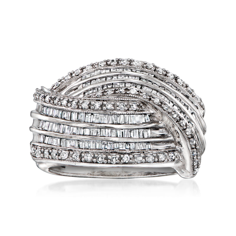 Vintage diamond crisscross ring in white gold with baguette and round stones
