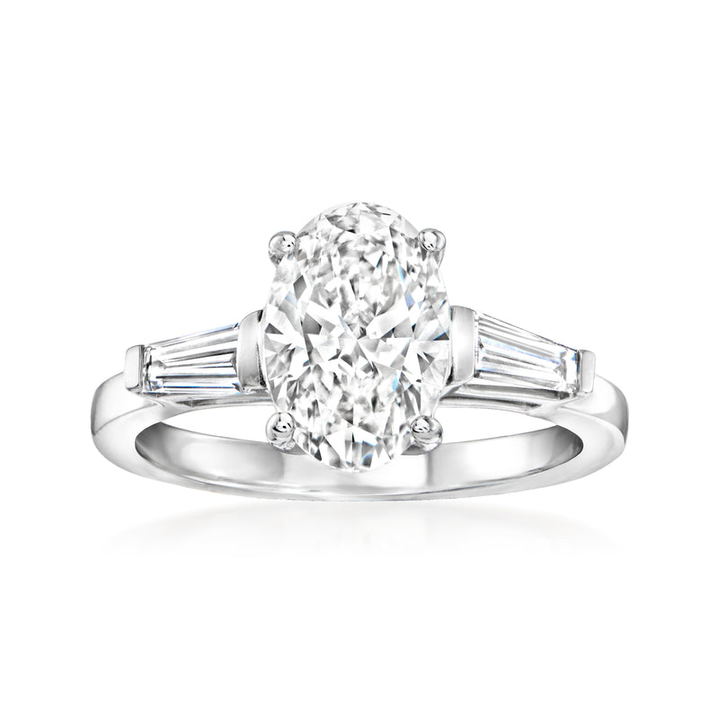 Lab-grown diamond ring in 14kt white gold, round center stone with baguette side stones