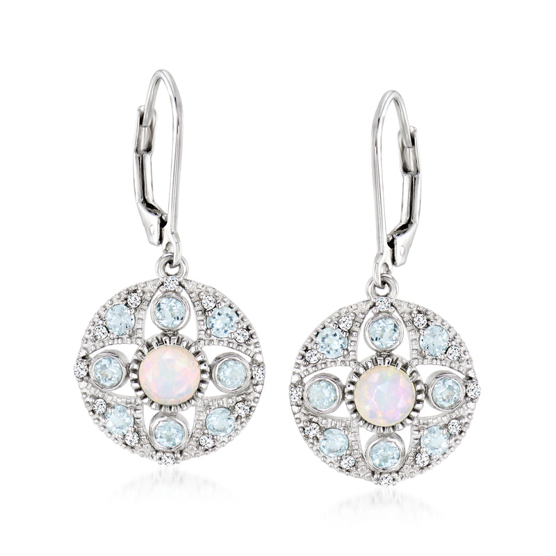 Sterling silver leverback drop earrings with round opal center and blue topaz halo