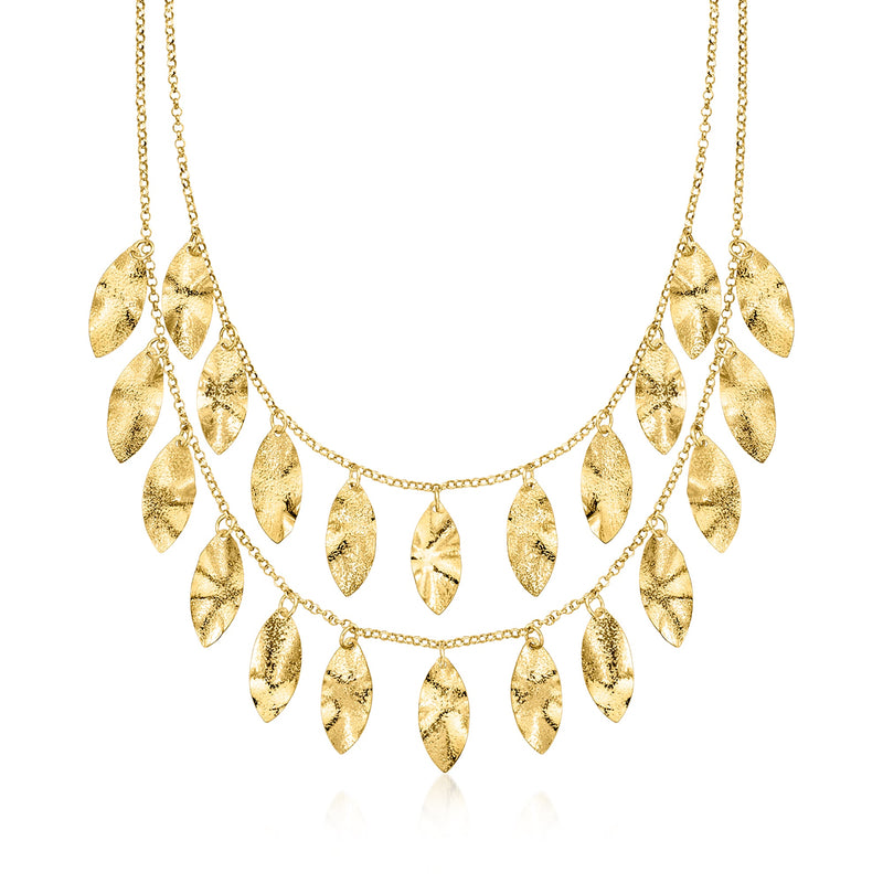 Gold leaf bib necklace with linked teardrop leaves on two-tier chain