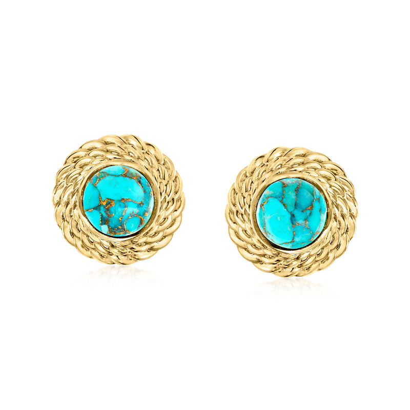 Turquoise cabochon stud earrings with braided gold bezel, 18kt gold over sterling