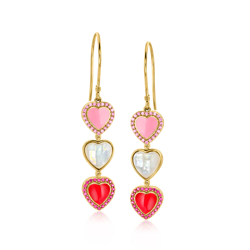 18kt gold heart drop earrings with pink and red enamel, three stacked hearts