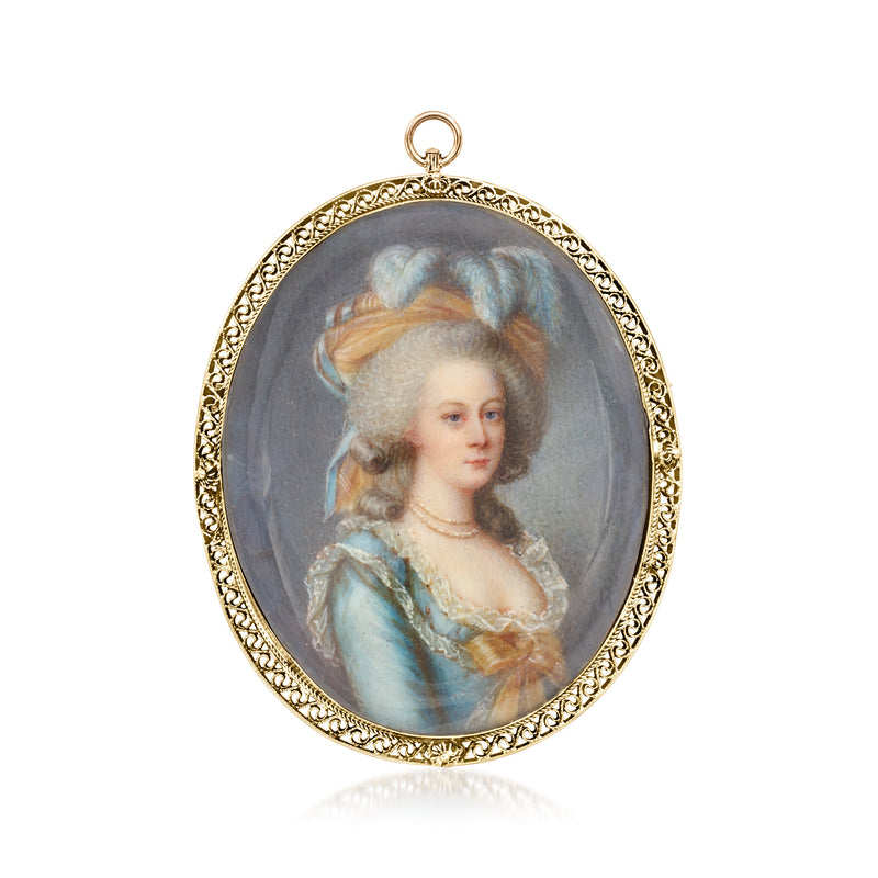 Oval portrait pendant pin in 14kt yellow gold with painted woman portrait and enamel rim
