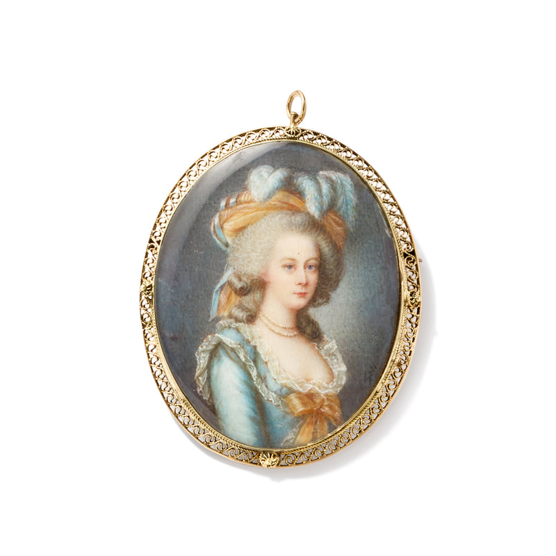 Oval portrait pendant pin with top loop, 14kt yellow gold filigree frame, painted portrait
